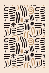 Pattern of abstract black shapes wavy lines, zigzags, circles, and asterisks