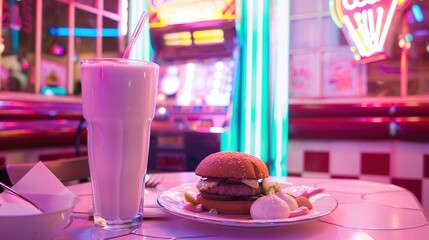 Wall Mural - Close-up of a 1950s diner table with a burger, milkshake, and jukebox in the background, bright neon lights. 