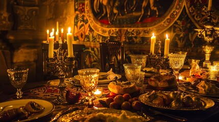 Poster - Close-up of a Renaissance-themed restaurant table with ornate goblets, a lavish feast, and tapestry-covered walls, soft candlelight. 