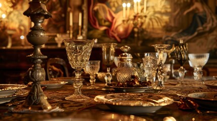 Wall Mural - Close-up of a Renaissance-themed restaurant table with ornate goblets, a lavish feast, and tapestry-covered walls, soft candlelight.