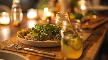 Wall Mural - Close-up of a hemp-fiber table with a quinoa salad, cork placemat, and mason jar drinks, soft eco-friendly lighting. 