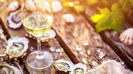Wall Mural - Close-up of a rustic wooden table with oysters on ice, a glass of white wine, and seashell decor, soft evening glow. 