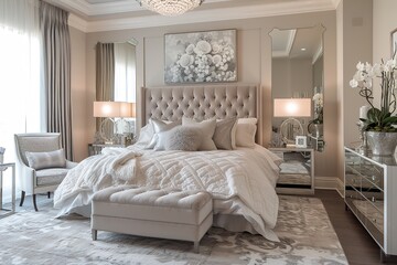 Hollywood Regency-style glam bedroom with mirrored furniture and plush bedding