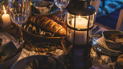 Poster - Close-up of a nautical-themed table with clam chowder, sourdough bread, and a lighthouse centerpiece, cozy ambient light. 