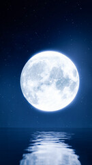 Wall Mural - Astronomical Phenomenon the blue full moon is reflected in the sea. The shadow of the island in the ocean The sky has many stars. Ripples on the sea at night.3D Rendering
