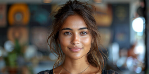 Cheerful Indian Girl Standing at Home Office