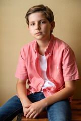 Wall Mural - Portrait of a seated young boy in looking at the camera with a thoughtful expression	