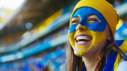 Happy Swedish woman, her face painted in the blue and yellow of the Swedish flag, cheering at a football or rugby match, the stadium background and replica space blurred