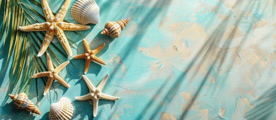 Wall Mural - Engaging Title: Simple Beach Vibe: Starfish and Shells on Turquoise Board with Palm Leaf Shadow and Copy Space