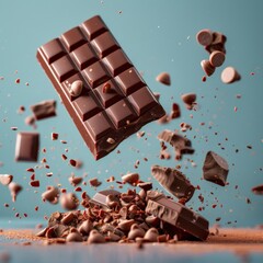 Wall Mural - chocolate bar flying, blue background, photography 