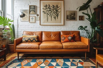 Wall Mural - Mid-Century Modern Living Room with Tan Leather Sofa, Geometric Rug and Vintage Art Prints