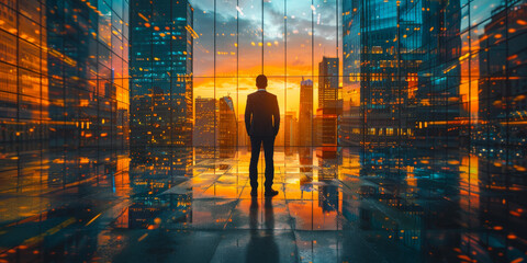 Canvas Print - Back of Businessman in Suit with Cityscape Background