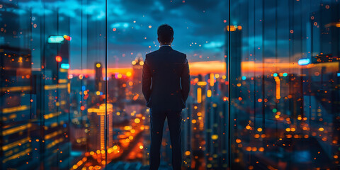 Canvas Print - Back of Businessman in Suit with Business Office Background