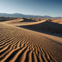 Wall Mural - Desert landscape, sand dunes, clear blue sky, distant mountains.