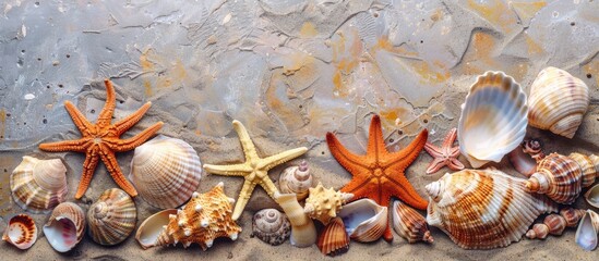 Wall Mural - Assortment of seashells and starfish on sandy beach