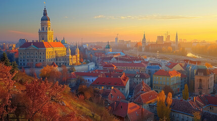 Canvas Print - Zagreb, Croatia  in warm sunlight created with Generative AI technology