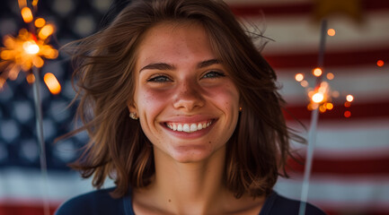 Wall Mural - A woman with short brown hair is smiling and holding a lit American flag, US Independence Day 4th of July concept