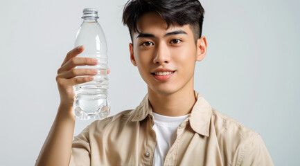 Wall Mural - A young man is holding a bottle of water and smiling