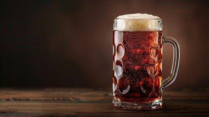 Wall Mural - A dark beer in a classic beer mug with frothy foam, set against a warm, dimly lit background on a wooden table