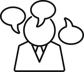 Poster - businessman is deep in thought as speech bubbles representing ideas and communication float around h
