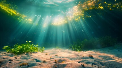 Wall Mural - Sunlight filtering through water illuminating sandy ocean floor.