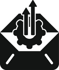 Poster - Black and white icon of an envelope with a gear and three upward trending arrows, symbolizing email marketing growth