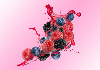 Wall Mural - Different berries and splashing juice on pink background