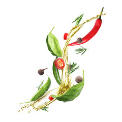 Wall Mural - Cooking oil splash with chili peppers, basil, rosemary and allspice in air on white background