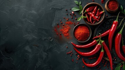 Wall Mural - Menu Idea Fresh Red Chili Pepper and Powder as Ingredients on Dark Table Background from Above