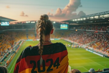 Wall Mural - A young woman with a braided ponytail, draped in a 2024 German flag, watches an energetic soccer match in a vibrant stadium packed with fans on a sunny day