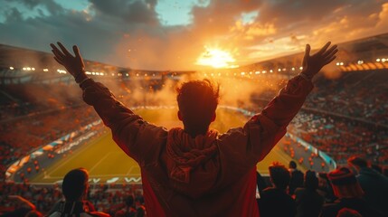 Wall Mural - A fan passionately celebrates in the stands as the sun sets over a filled stadium during an intense sporting event, capturing the exhilarating atmosphere and vibrant energy of live sports