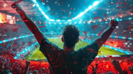 Wall Mural - A passionate fan cheering in a stadium filled with fellow supporters during a live football match, capturing the excitement and energy of the event