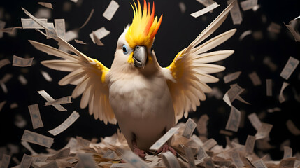 Wall Mural - Cockatiel enjoying a paper shred party, feathers in a playful flutter