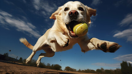 Wall Mural - Eager labrador fetching a tennis ball, mid-air with tongue wagging.