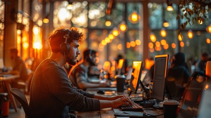 Wall Mural - A young professional diligently working in a bright, modern open office space with large windows and warm lighting as the sun sets in the background