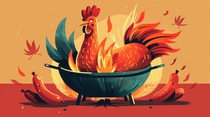 A 2d illustration featuring a captivating combination of brazier chicken and sausage icons