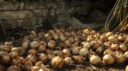 Wall Mural - Onions that are mature are left to dry in the sunlight after being harvested