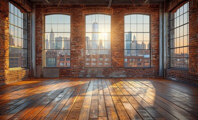 Wall Mural - A large empty room with brick walls and wooden floors, featuring an industrial style design.
