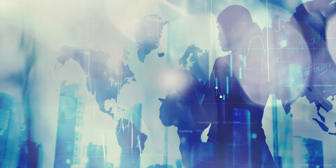 Double exposure of a businesswoman with a world map and financial data, symbolizing global finance, analysis, and market trends.
