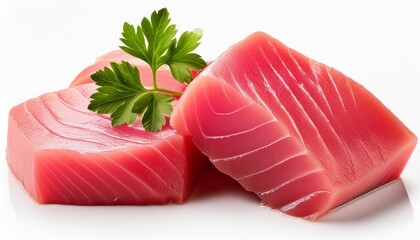 Wall Mural - fresh tuna fish fillet steaks garnished with parsley isolated on white background