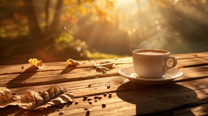 Canvas Print - Warm coffee on a wooden table in the morning sunlight landscape