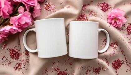 Wall Mural - white mockup mug with pink flowers on fabric with glitter top view mockup mug for logo label gift and design