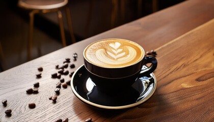 Wall Mural - coffee latte in black ceramic cup on wooden table in cafe with dark background