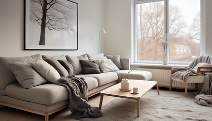 Wall Mural - Bright living room interior with large windows comfortable sofa stylish furniture and minimalist decorations in Scandinavian style Homeliness and coziness concept