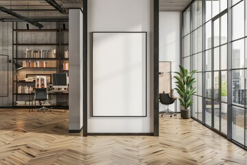 Sticker - A mockup of an empty blank white poster frame on the wall in a large modern office with natural light, wood floors and bookshelves.
