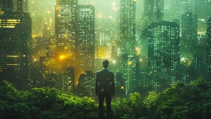 Wall Mural - A person in business attire standing at the edge of an urban skyline, gazing out over green sustainable buildings and streets.