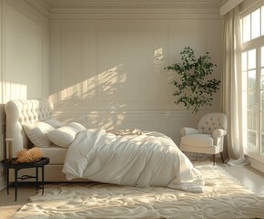 Wall Mural - A simple bedroom with an elegant bed, white walls and carpeted floor.