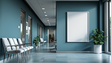 A white frame is hanging on the wall of an empty hospital waiting room, in the mockup style.