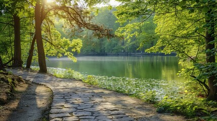 Poster - Beautiful colorful summer spring natural landscape with a lake in Park surrounded by green foliage of trees in sunlight and stone path in foreground.