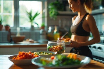 Woman cooking a salad at kitchen room. Healthy Lifestyle and vegetarian concept